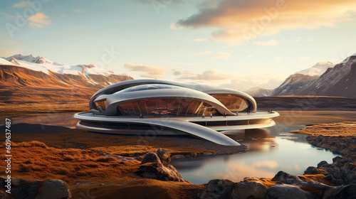 Generative ai illustration of sci-fi futuristic exterior designed with large windows