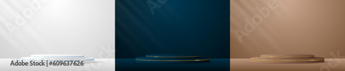 Set of white, blue, brown podiums for displaying advertisements. Display of cosmetic products. Stage or podium. vector illustration
