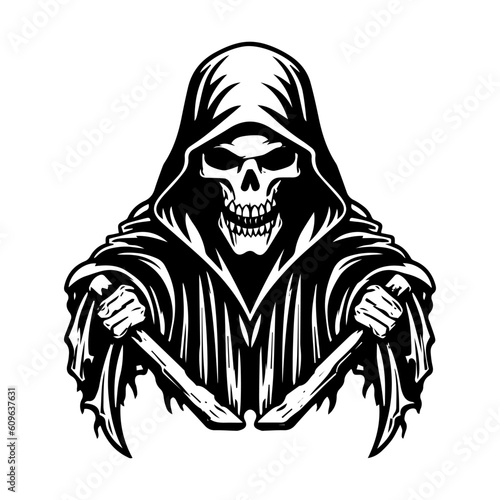 Mysterious and haunting hand drawn illustration of the Grim Reaper, symbolizing the inevitable cycle of life and death. Generative AI