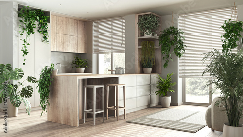 Indoor home garden concept idea. Minimal bleached wooden kitchen with island interior design in white tones. Parquet, windows and many house plants. Urban jungle