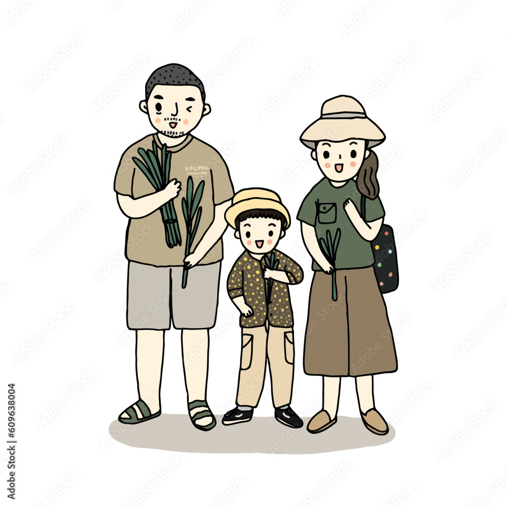 Family outing, family travel in zoo, hand drawn style vector illustration