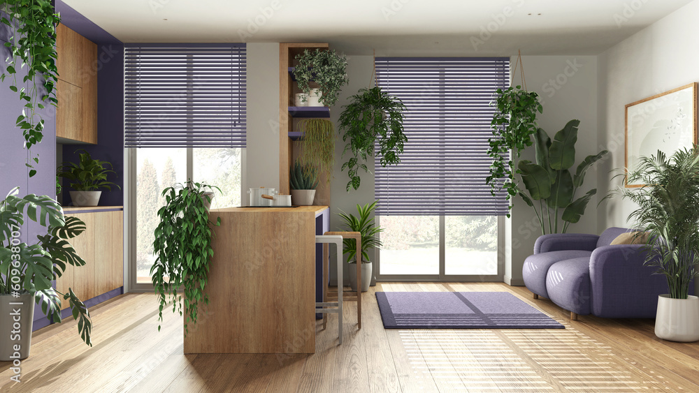 Love for plants concept. Kitchen with island and living room interior design in purple and wooden tones. Parquet, sofa and many house plants. Urban jungle idea Love for plants concept. Kitchen with island and living room interior design in purple and wooden tones. Parquet, sofa and many house plants. Urban jungle idea