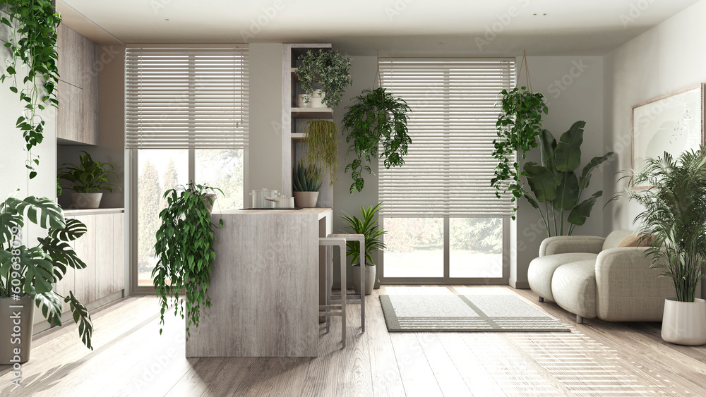 Love for plants concept. Kitchen with island and living room interior design in white and bleached wooden tones. Parquet, sofa and many house plants. Urban jungle idea Love for plants concept. Kitchen with island and living room interior design in white and bleached wooden tones. Parquet, sofa and many house plants. Urban jungle idea
