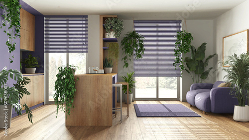 Love for plants concept. Kitchen with island and living room interior design in purple and wooden tones. Parquet  sofa and many house plants. Urban jungle idea