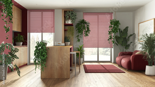 Love for plants concept. Kitchen with island and living room interior design in red and wooden tones. Parquet, sofa and many house plants. Urban jungle idea