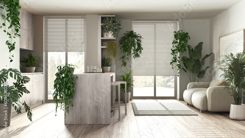 Love for plants concept. Kitchen with island and living room interior design in white and bleached wooden tones. Parquet  sofa and many house plants. Urban jungle idea