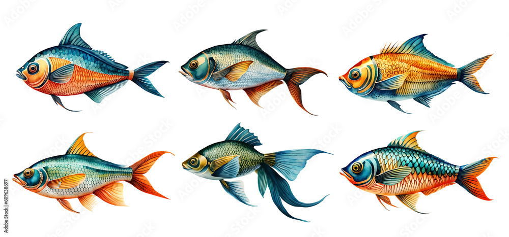 Watercolour fish set. Generative Ai