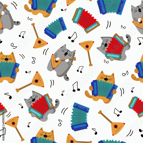 Pattern cats musicians.Cats cartoon Singing and plays the harmonica and balalaika.  Animal, pet, musical instrument. Song, music. Vector illustration, background isolated.