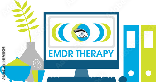 Eye Movement Desensitization Reprocessing (EMDR) therapy concept on a computer screen. A psychotherapy treatment for people who had traumatic experiences.