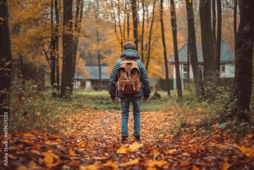 Teenager boy with backpack walking on path in autumn park. Active lifestyle, Back to school. Student boy in fall forest. People from behind © Patrick