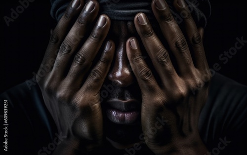 An african man covering his face with his hands, low key portrait. AI generative.