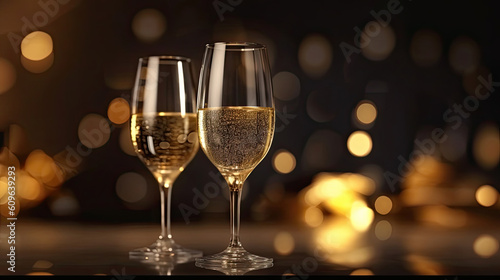 Glasses of champagne against bokeh lights background. New Year celebration. Generative AI