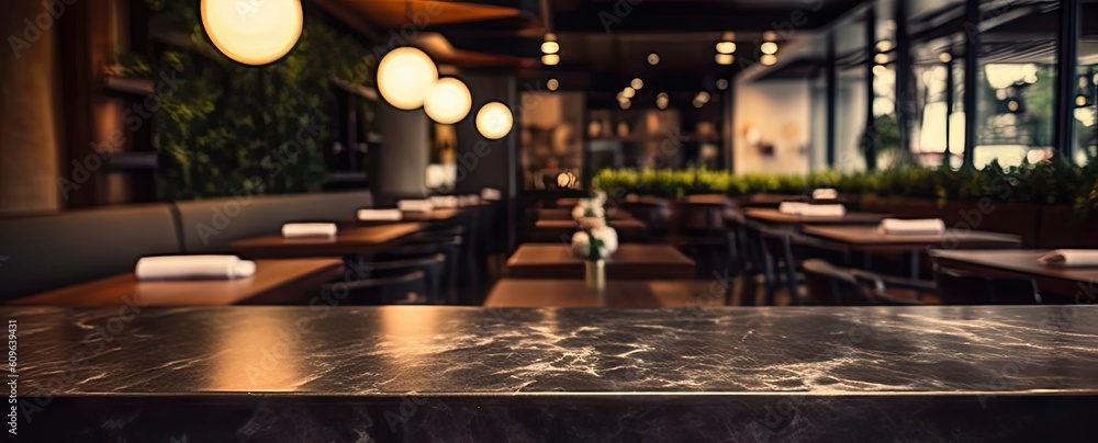 Fototapeta premium Empty Table and Marble Counter in Blurred Background. Modern Restaurant Interior