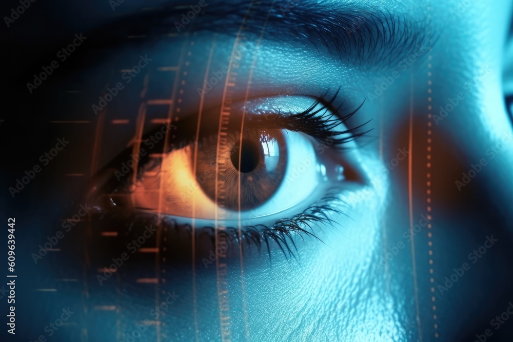 Obraz premium Person's eye fills the frame, computer-generated overlay. Generative AI