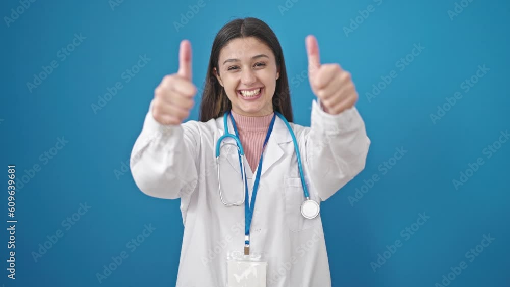 Young beautiful hispanic woman doctor doing thumbs up over isolated blue background Young beautiful hispanic woman doctor doing thumbs up over isolated blue background