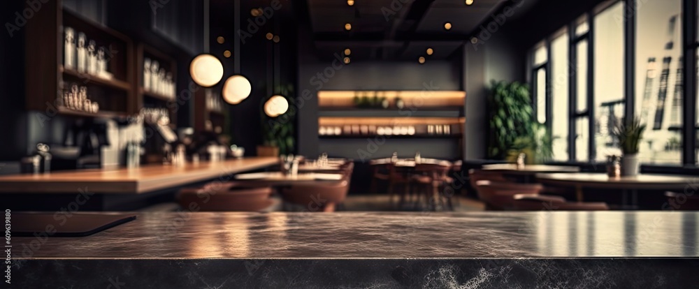 Empty Table and Marble Counter in Blurred Background. Modern Restaurant Interior