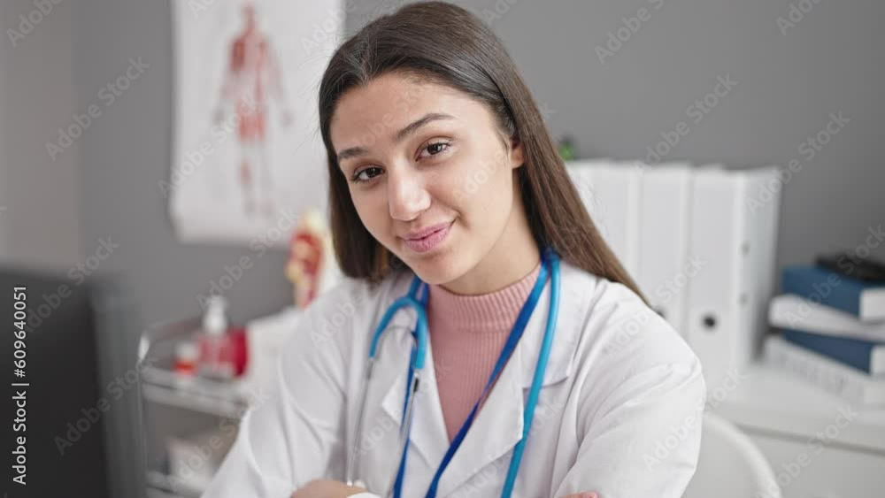 Young beautiful hispanic woman doctor smiling confident sitting on table at clinic Young beautiful hispanic woman doctor smiling confident sitting on table at clinic