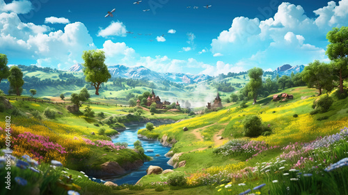 A beautiful place with a blue sky and green meadows