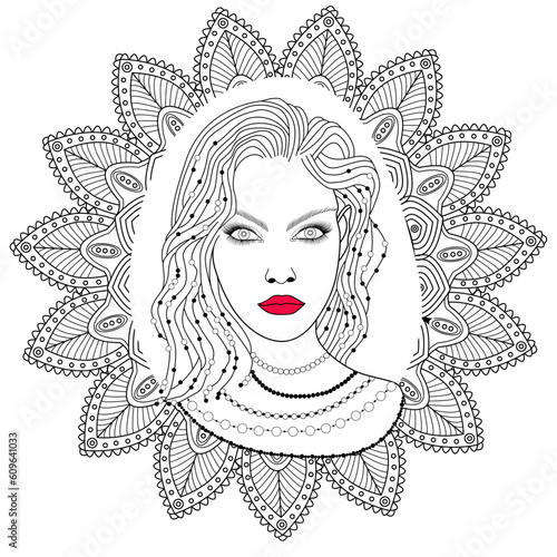 Vector illustration of mandala with woman's head for antistress coloring adult book, mandala con viso donna da colorare per libro adulti antistress
