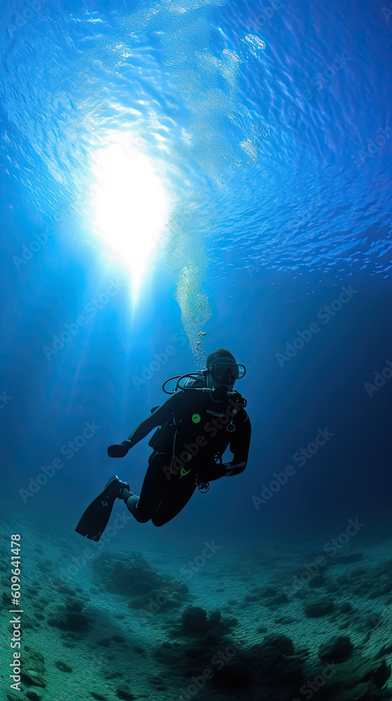 a  scuba diver underwater with sun above sea. .