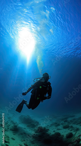 a scuba diver underwater with sun above sea. .