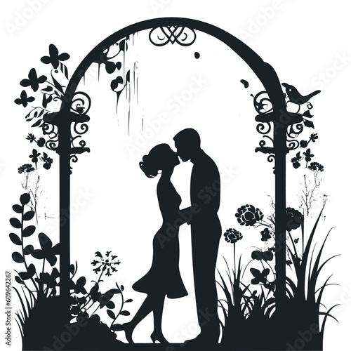 Black and white silhouettes of a groom and a bride holding hands and standing under an flower arch.