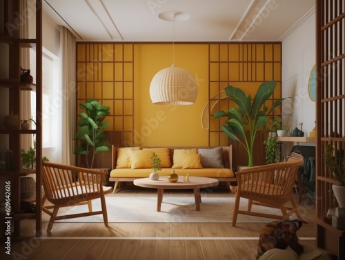 Yellow Japanese style living room with wooden decoration. Generative AI