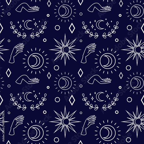 Vector magic seamless pattern with sun, moon, branch and stars on dark blue background.