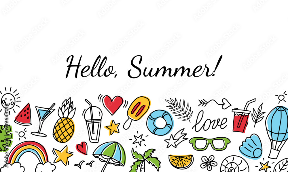 Hello summer banner. Summer color doodles icon set Hello summer banner. Summer color doodles icon set