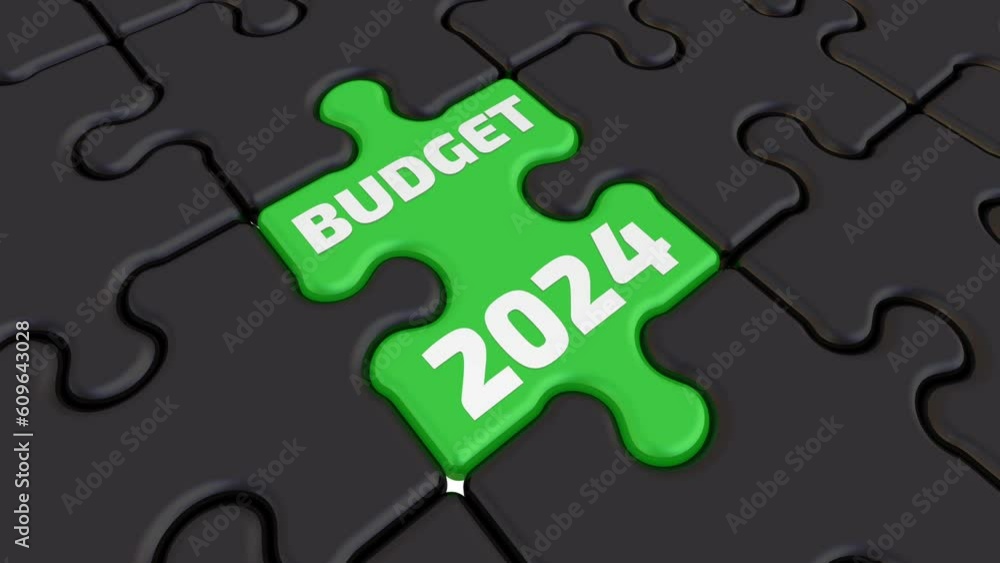 The budget of 2024. Folding puzzles. Folded black puzzles elements and one green with white text BUDGET 2024. Footage video The budget of 2024. Folding puzzles. Folded black puzzles elements and one green with white text BUDGET 2024. Footage video