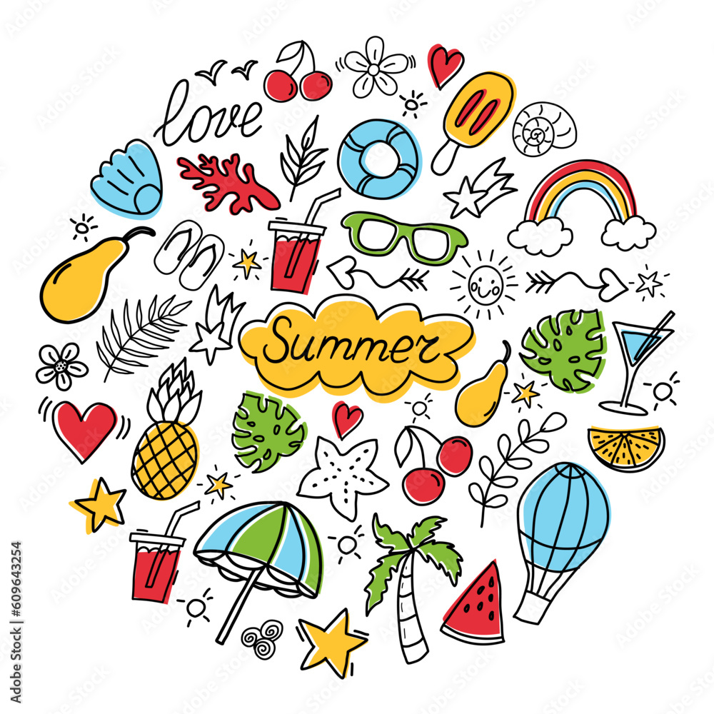 Fototapeta premium Summer color doodles icon set in round. Hello Summer.