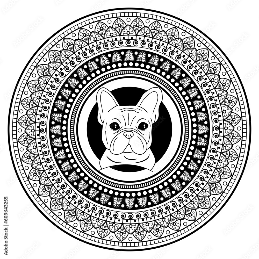 Vector illustration of mandala with french bulldog head for coloring