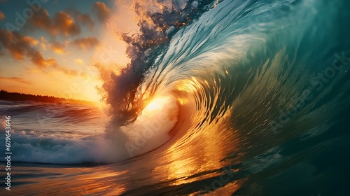 Sunset View of a Wave crushing into the Sea