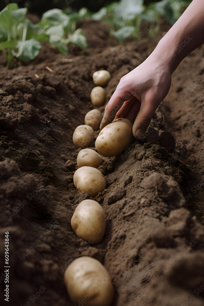 A farmer plants potatoes in the ground, Generative AI A farmer plants potatoes in the ground, Generative AI