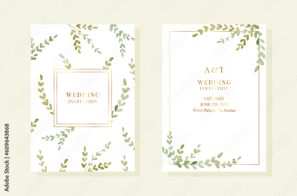 Wedding pemplates with watercolor green leaves. Gold frames