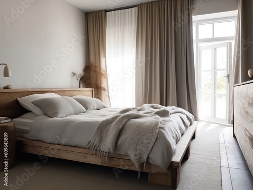 Bright beige wooden bedroom  minimal modern style. Generative AI