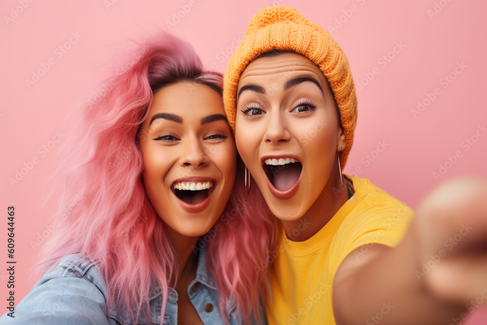 Fototapeta premium Two friends taking a selfie and making funny faces, Friends, Friendship day Generative AI