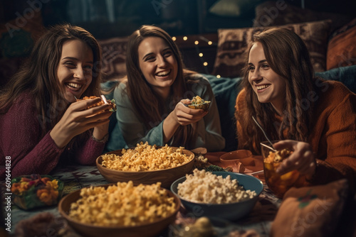 Friends enjoying a movie night with popcorn and laughter  Friends  Friendship day Generative AI