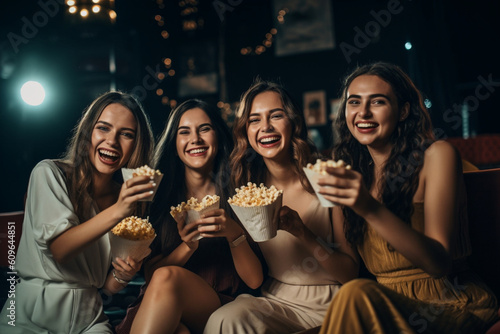 Friends enjoying a movie night with popcorn and laughter, Friends, Friendship day Generative AI photo