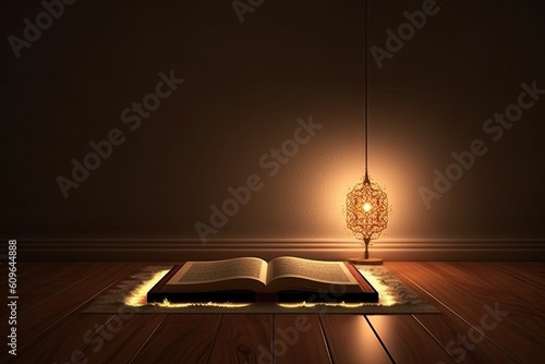 0495. Quran glow in front of dark wall. Generative AI photo