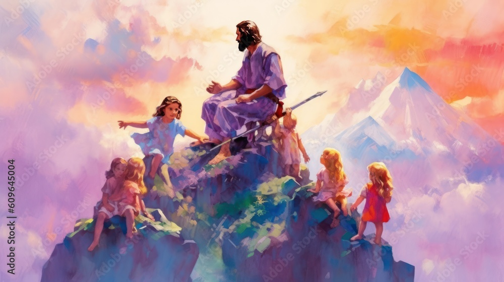 Fototapeta premium Jesus and his followers on top of the hill