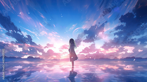 Anime girl standing on the water