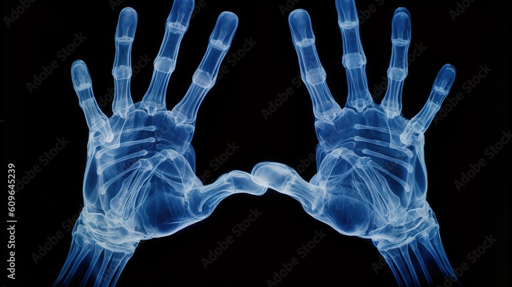 X-ray of both hands of a male human, blue tone radiograph on a black background, Ai Generative X-ray of both hands of a male human, blue tone radiograph on a black background, Ai Generative