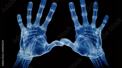 X-ray of both hands of a male human, blue tone radiograph on a black background, Ai Generative
