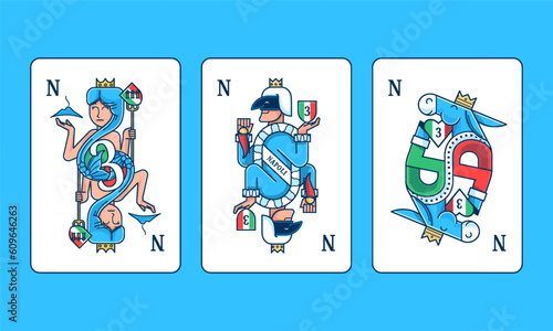 three Neapolitan cards Pulcinella Donkey Siren Neapolitan Vesuvius