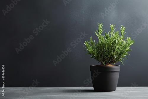 0507. Rosemary plant in front of dark wall. Generative AI