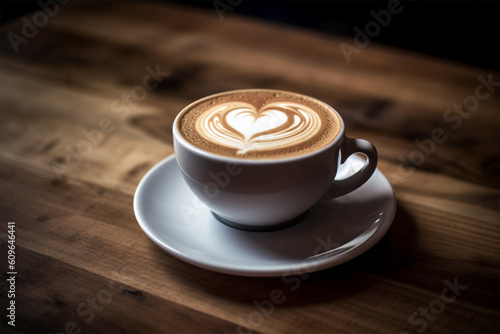 Heart shape caffee latte on wooden table.Close up top view.Created with generative ai photo