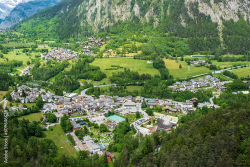 View of Pre Saint Didier town near Courmayeur and french border. Val d'Aosta region. Italian Alps