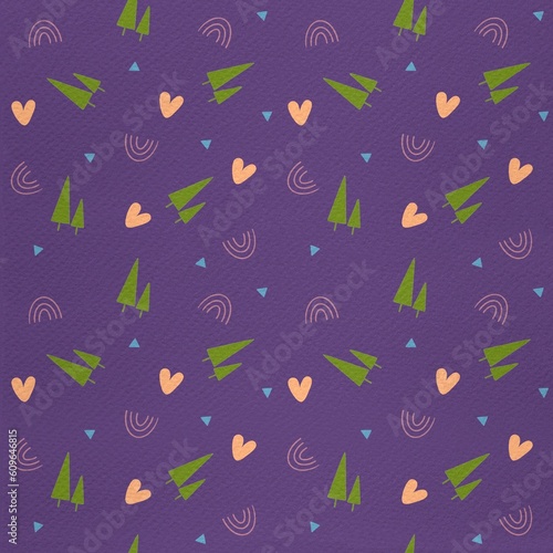 Seamless pattern for kids with rainbow, hearts, Christmas tree, purple watercolor background