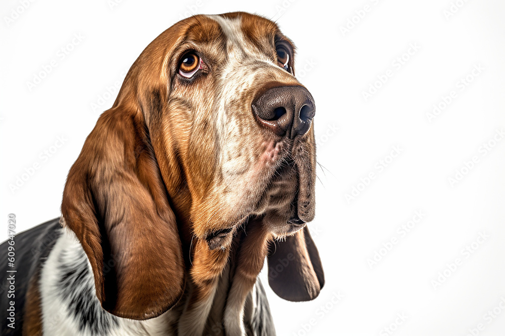 portrait of a Basset Hound Dog with white background